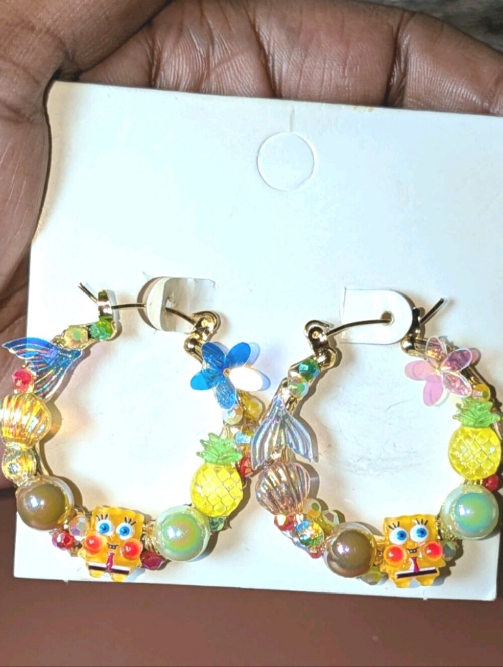 Hand Crafted Decoden Yellow & Blue Pineapple Character Small Hoop Earrings